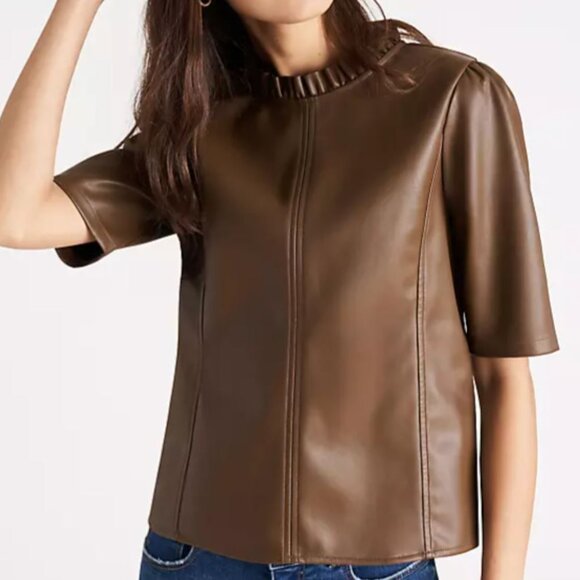 Ann Taylor | Faux Leather Mocha Brown Ruffle Neck Top | Size Small - Picture 1 of 9